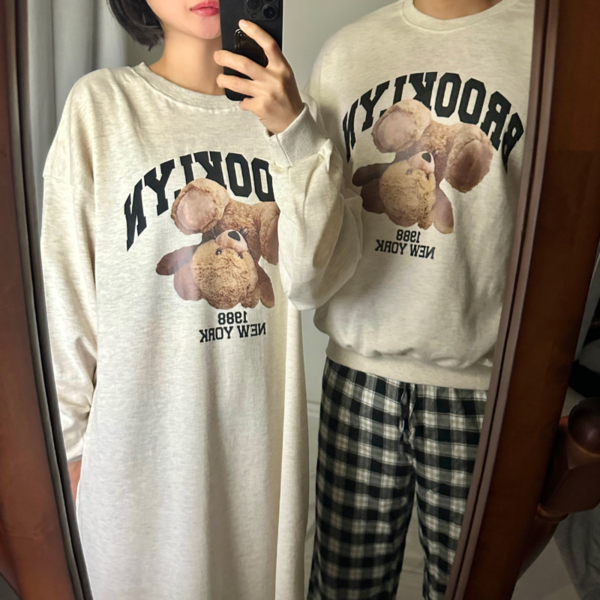 [국내제작, 고퀄리티] 브루클린 베어 곰돌이 커플룩 커플잠옷 긴팔 티셔츠 가을 겨울 시밀러룩 커플티 커플여행 데이트 홈웨어 세트 남녀공용 귀여운 캐릭터 크리스마스 집순이