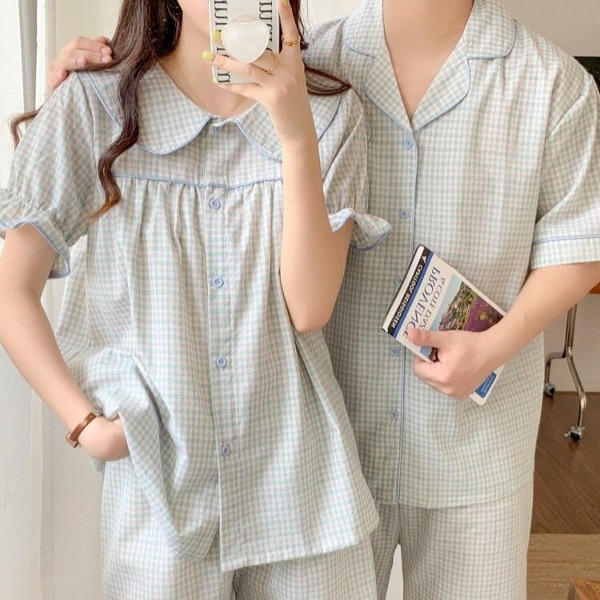 레이 삥줄 커플 체크 잠옷 세트 파자마 홈웨어