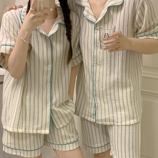 [순면] 홈런 스트라이프 여름 커플 잠옷 세트 파자마 홈웨어 커플룩 요루면