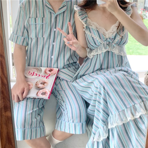 [밴딩, 너무예쁨!] 블라썸 스트라이프 커플 잠옷 세트 홈웨어 파자마 홈드레스 시밀러룩 커플룩